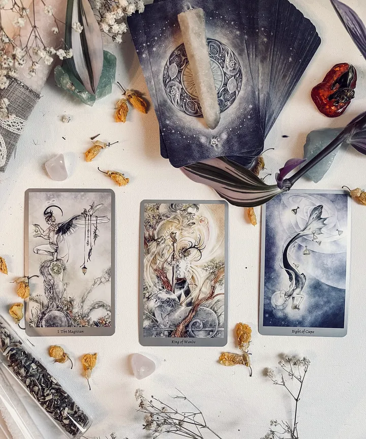 A tarot spread of three illustrated cards on white, with a fanned deck, crystals, dried flowers and leaves around it